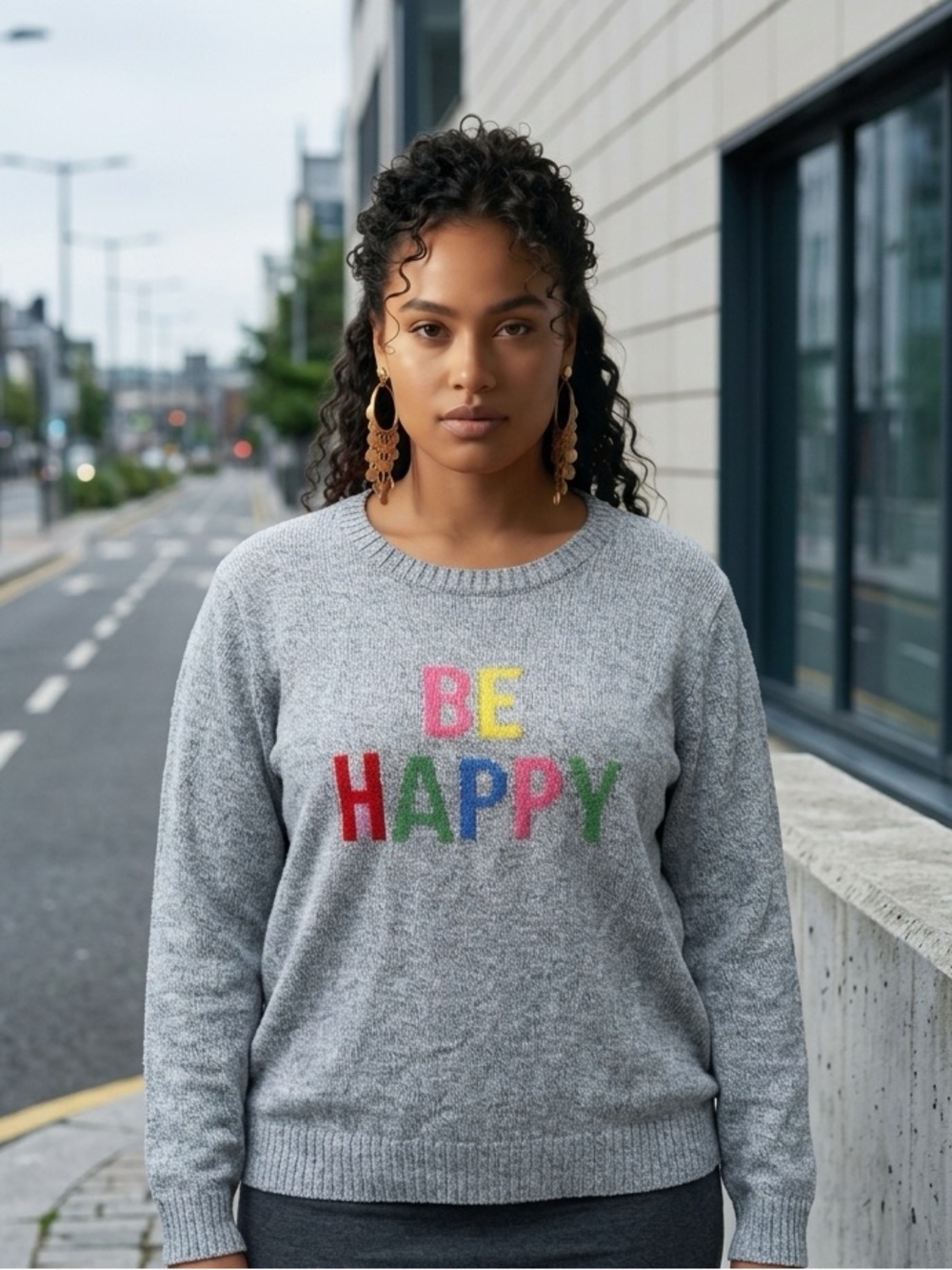 NWT St John’s Bay Plus Size Gray Long Sleeve Crew Neck Sweater “Be Happy” - XXL